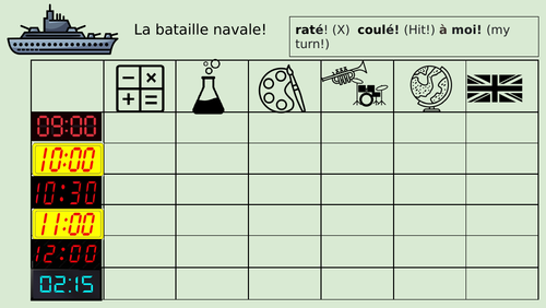 Battleships/le morpion basic slides for French school subjects and times of day