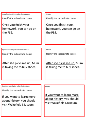 Subordinate Clause Quiz Cards