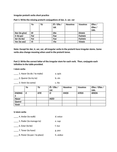 Irregular preterit verbs short practice | Teaching Resources