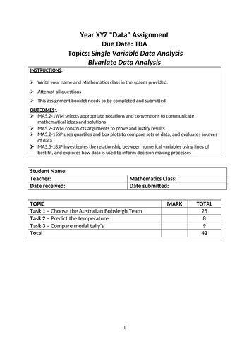 Single Variable and Bivariate Data Analysis Assignment or Worksheet