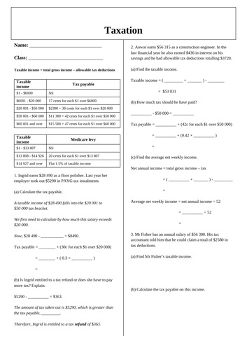 Taxation Worksheet Tax Tables Teaching Resources