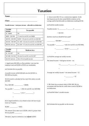 Taxation Worksheet Tax Tables