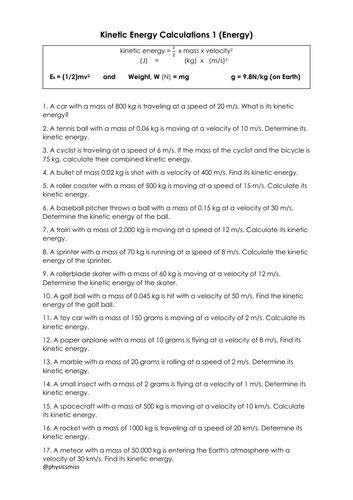 GCSE Physics Worksheets [ Ek = (1/2) mv^2 ] Kinetic Energy Calculations w solutions
