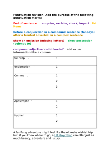 Step Up to English Holidays Component 6 - punctuation revision exercise