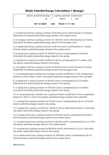 GCSE Physics Worksheets [Ep = (1/2)ke^2] Elastic Potential Energy Calculations w solutions