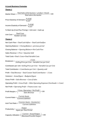 Edexcel A-Level Business Formula Sheet