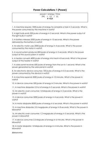 GCSE Physics Worksheets [P = E/t]  Power Energy Time Calculations w solutions