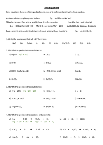 Ionic Equations Scaled Practice Worksheet with Answers
