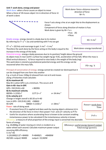 CCEA AS Physics work done, energy and power revision notes