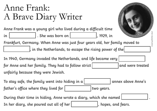 Anne Frank Cloze Passage - Giant Cut & Stick WW2 Topic