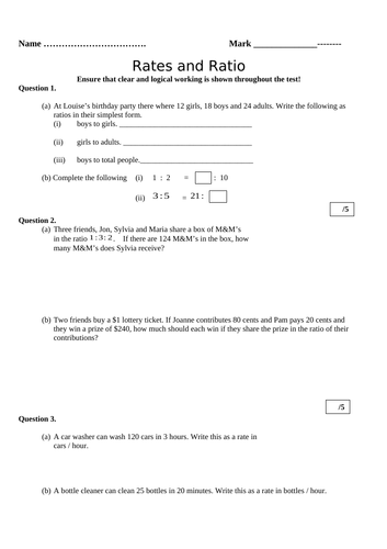 Rates and Ratio Quiz