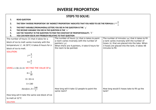 Inverse (Indirect) Proportion Worksheet with Steps to solve