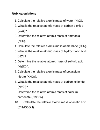 Relative atomic Mass Calculations worksheet