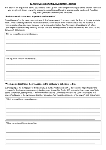 Edexcel RE 12 Mark Question Practice - Judaism/Themes