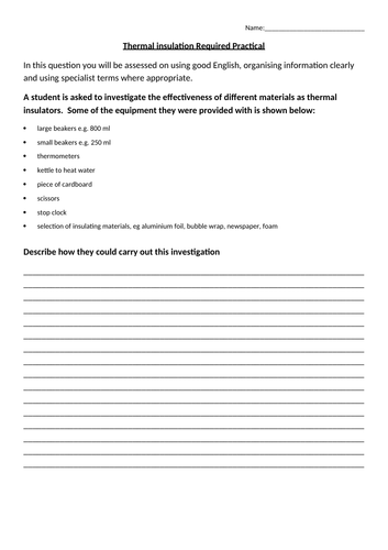 Required Practical on Insulating material 6 mark with model answer