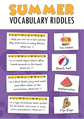 Summer Vocabulary Riddles | Summer Guessing Game | ESL EFL Speaking Activity | Printable Summer Work
