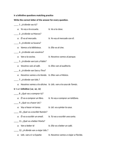 Ir a infinitive questions matching practice