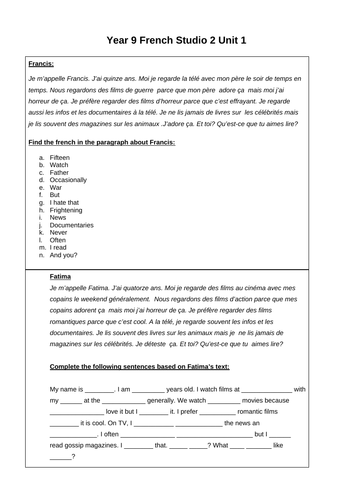 Free time/les loisirs year 9 EPI style worksheet