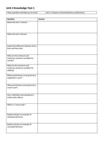 WJEC L3 Criminology Unit 2 Knowledge Quizzes | Teaching Resources