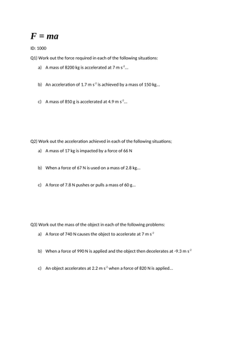 Worksheets for F=ma calculations