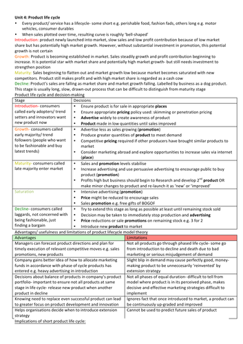 ccea AS business studies notes product life cycle revision notes