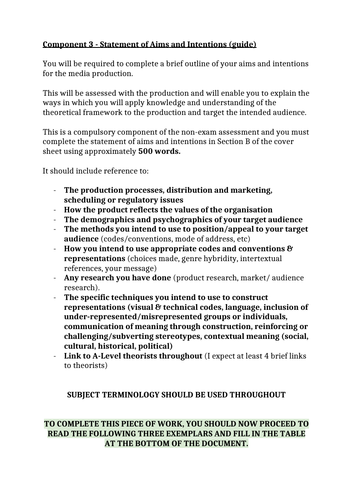 EDUQAS - Media Studies A-Level. Component 3. Guidance for Statement of Aims and Intentions