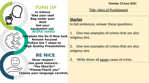 Lesson 4 - Aims of Punishment -Crime and Punishment GCSE AQA RS FREE HOMEWORK AND MARK SCHEME