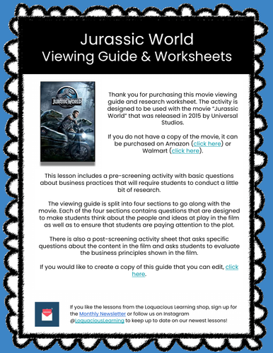 Jurassic World Movie Guide & Worksheets for Business