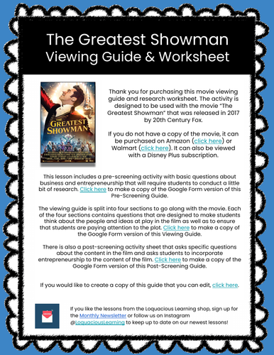 The Greatest Showman Movie Viewing Guide and Worksheets (Entrepreneurship)