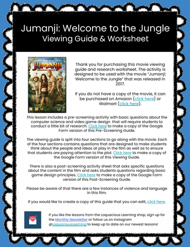 Jumanji Movie Viewing Guide & Worksheet (Computer Science)