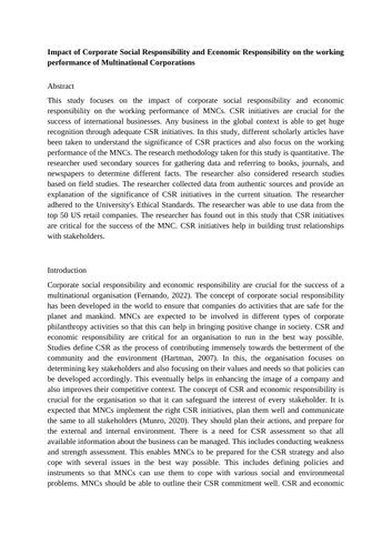 Impact of Corporate Social Responsibility and Economic Responsibility on the working performance of