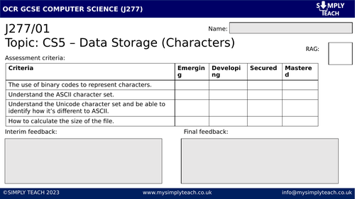 GCSE CS - Data storage (Characters) - Workbook