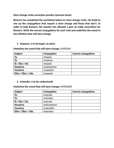 Stem change verbs correction practice (present tense