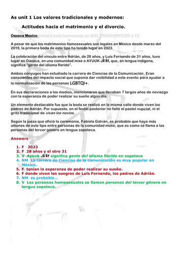 As unit 1 Los valores tradicionales y modernos:  Actitudes hacia el matrimonio y el divorcio.