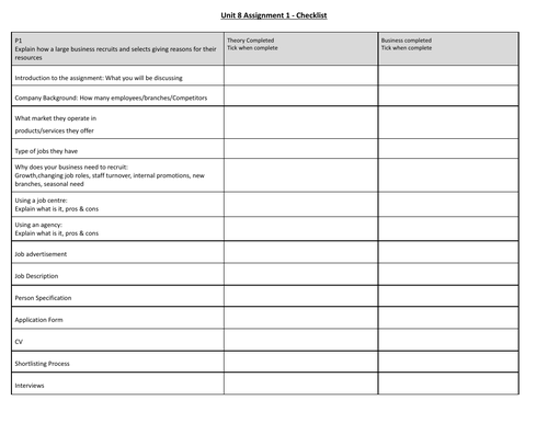 Unit 8 Recruitment Ass 1 Checklist - BTEC Business