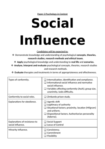Social Influence Student Friendly Specification AQA Paper 1