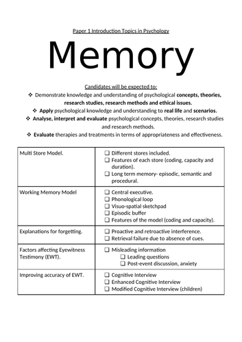 Memory Student Friendly Specification AQA Paper 1