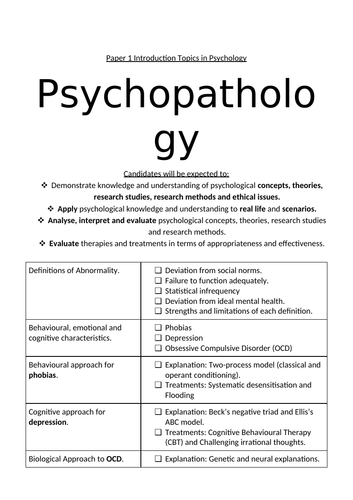 Psychopathology Student Friendly Specification AQA Paper 1