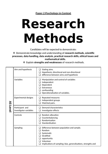 Research Methods Student Friendly Specification AQA Paper 2