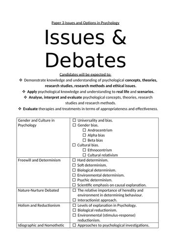Issues and Debates Student Friendly Specification AQA Paper 3