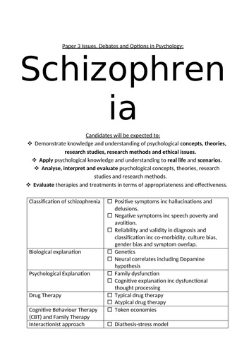 Schizophrenia Student Friendly Specification AQA Paper 3