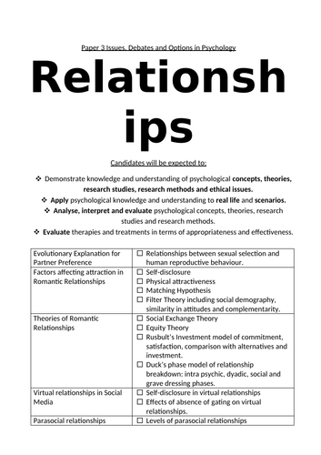 Relationships Student Friendly Specification AQA Paper 3
