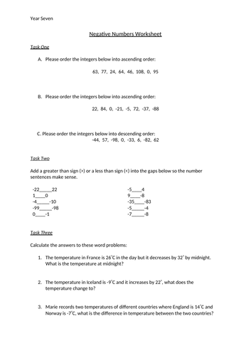 Negative Number Worksheet