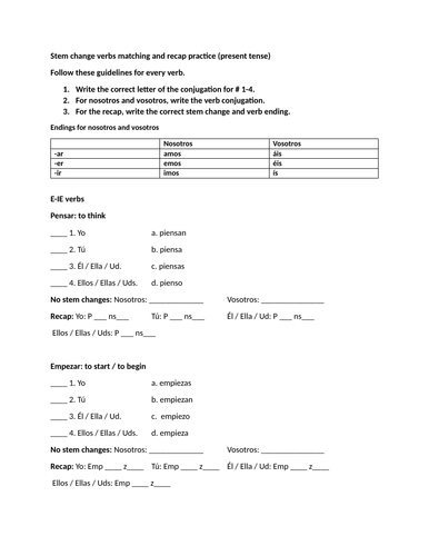 Stem change verbs matching and recap practice (present tense)