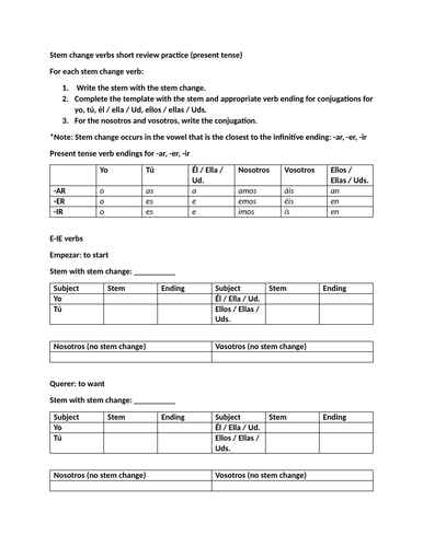 Stem change verbs short review practice (present tense)