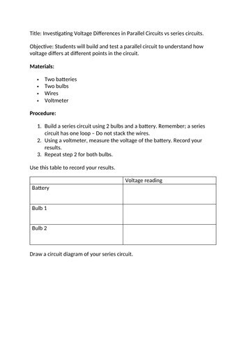 Worksheet: Voltage in Parallel Circuits vs series circuits