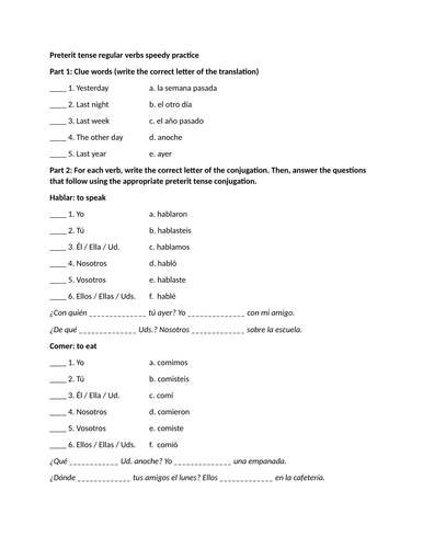 Preterit tense regular verbs speedy practice