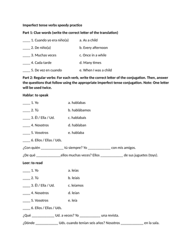 Imperfect tense verbs speedy practice