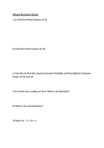 Maths revision sheet