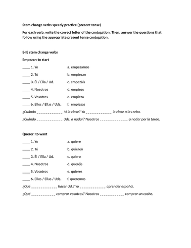 Stem change verbs speedy practice (present tense)